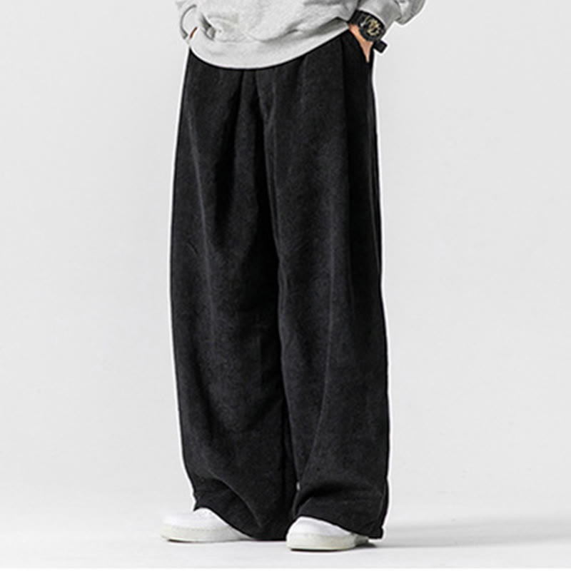 Buddha Stones無地コットンコーデュロイメンズワイドレッグパンツ（ポケット付き）