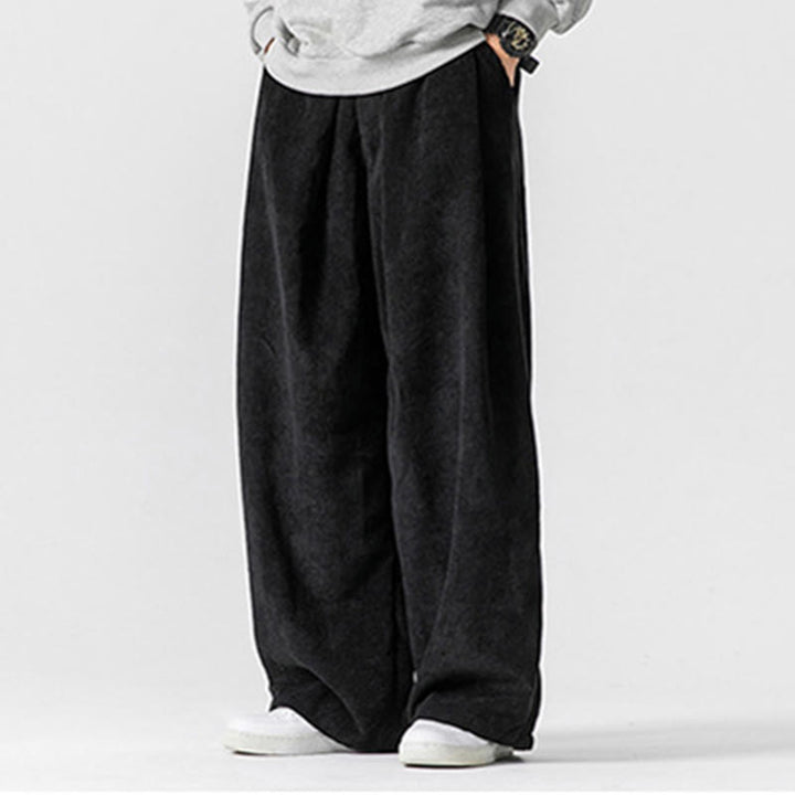 Buddha Stones無地コットンコーデュロイメンズワイドレッグパンツ（ポケット付き）