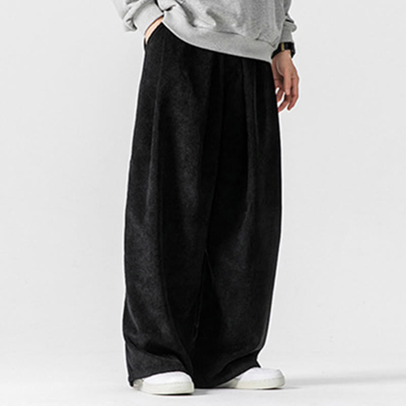 Buddha Stones無地コットンコーデュロイメンズワイドレッグパンツ（ポケット付き）