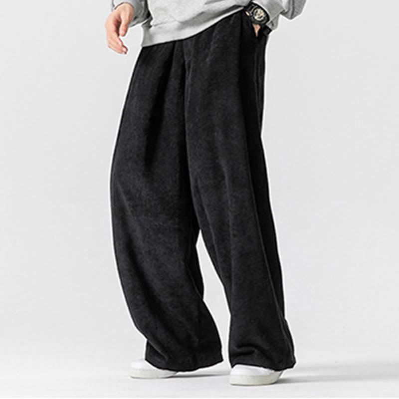 Buddha Stones無地コットンコーデュロイメンズワイドレッグパンツ（ポケット付き）
