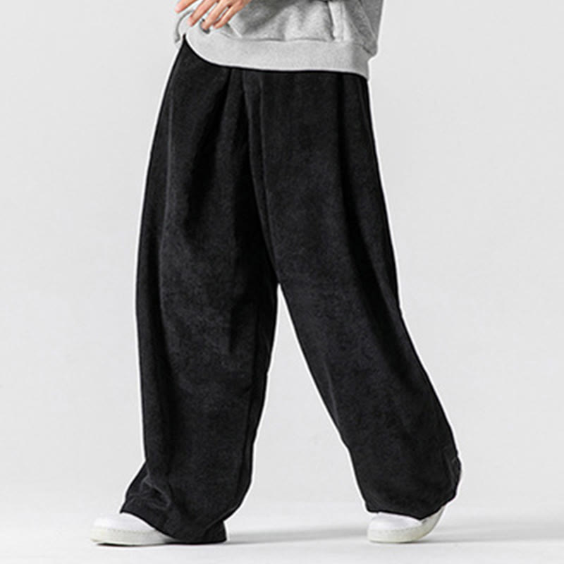 Buddha Stones無地コットンコーデュロイメンズワイドレッグパンツ（ポケット付き）