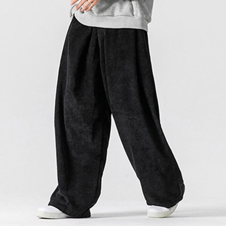 Buddha Stones無地コットンコーデュロイメンズワイドレッグパンツ（ポケット付き）