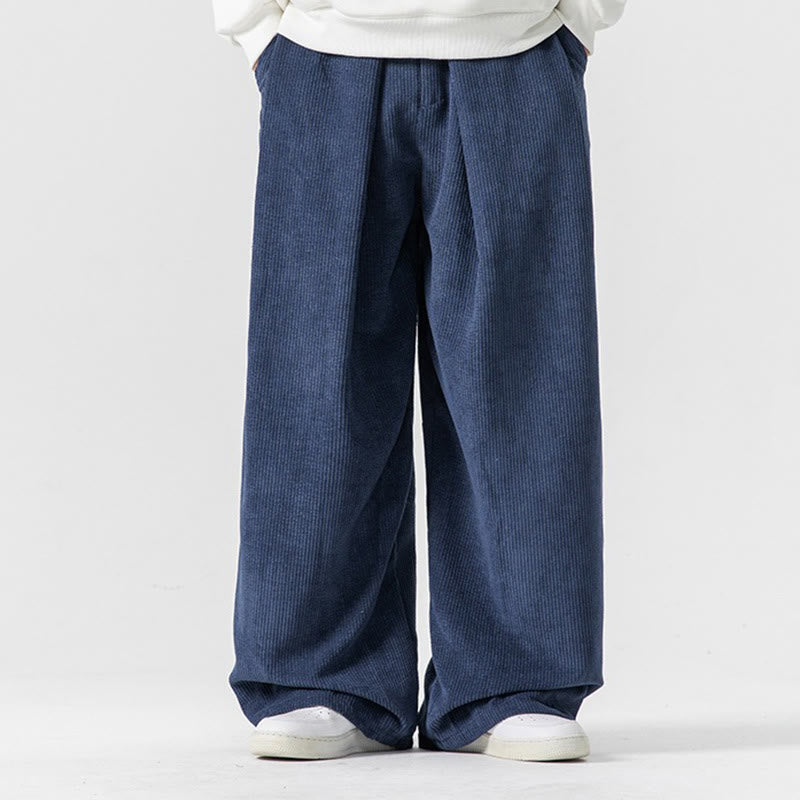 Buddha Stones無地コットンコーデュロイメンズワイドレッグパンツ（ポケット付き）