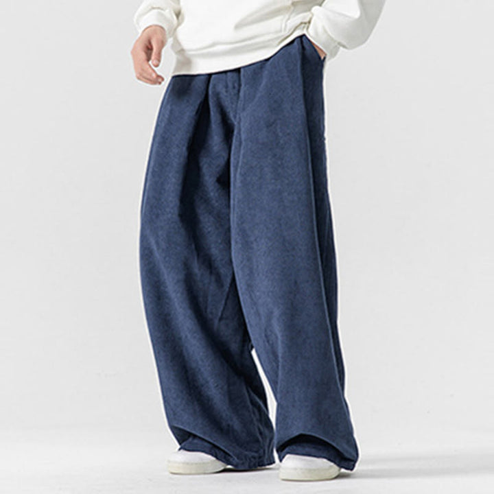 Buddha Stones無地コットンコーデュロイメンズワイドレッグパンツ（ポケット付き）