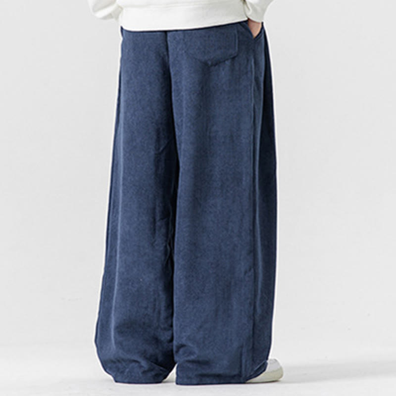 Buddha Stones無地コットンコーデュロイメンズワイドレッグパンツ（ポケット付き）
