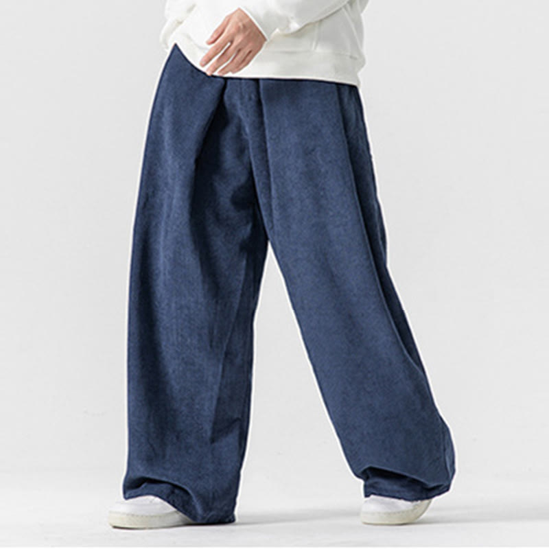 Buddha Stones無地コットンコーデュロイメンズワイドレッグパンツ（ポケット付き）