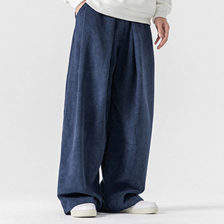Buddha Stones無地コットンコーデュロイメンズワイドレッグパンツ（ポケット付き）