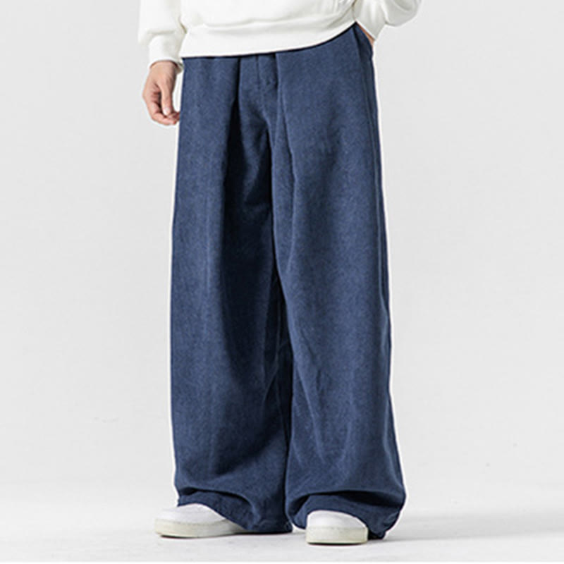 Buddha Stones無地コットンコーデュロイメンズワイドレッグパンツ（ポケット付き）