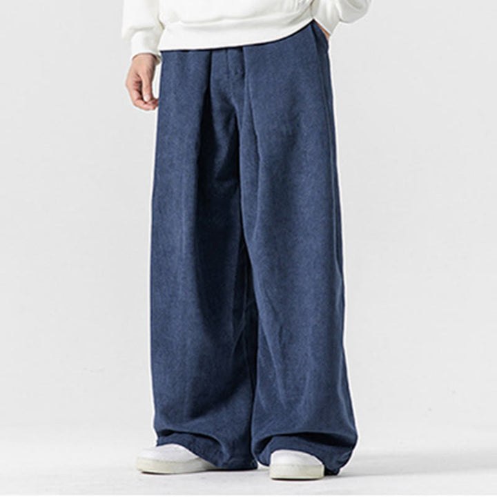 Buddha Stones無地コットンコーデュロイメンズワイドレッグパンツ（ポケット付き）