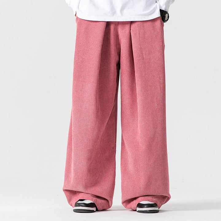 Buddha Stones無地コットンコーデュロイメンズワイドレッグパンツ（ポケット付き）