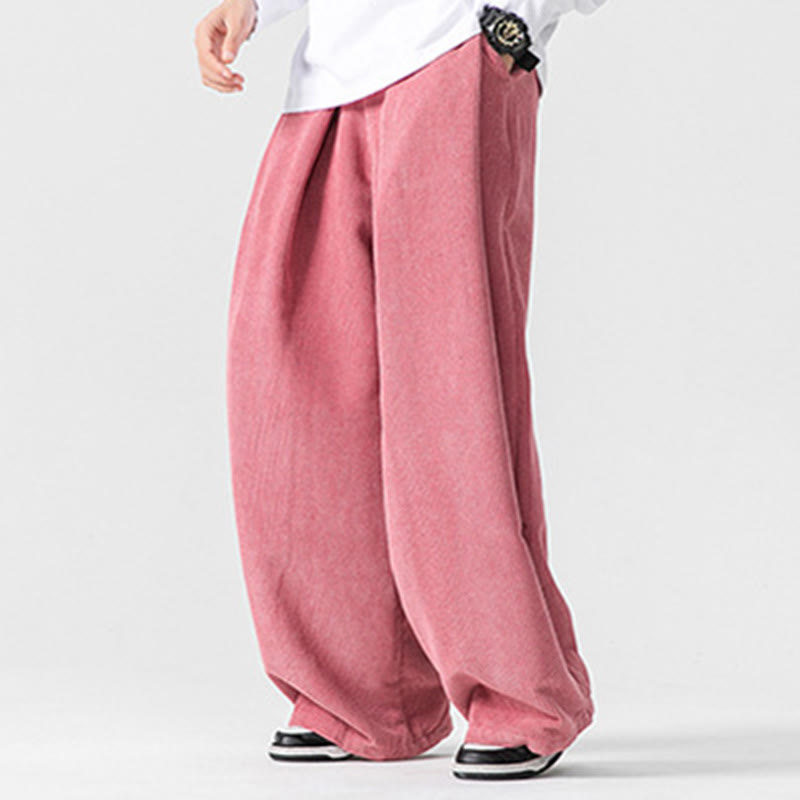 Buddha Stones無地コットンコーデュロイメンズワイドレッグパンツ（ポケット付き）