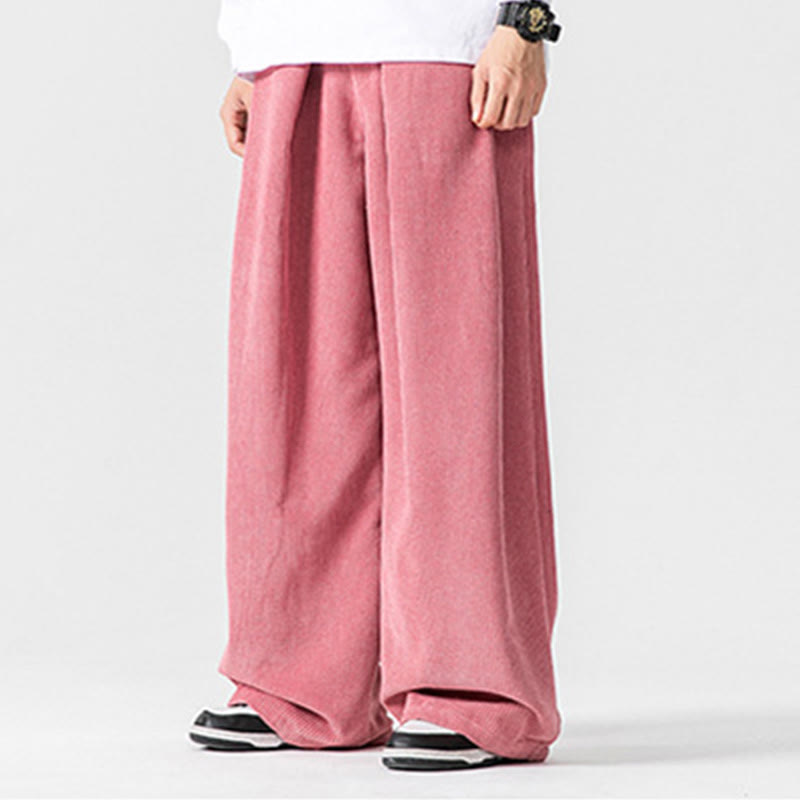 Buddha Stones無地コットンコーデュロイメンズワイドレッグパンツ（ポケット付き）