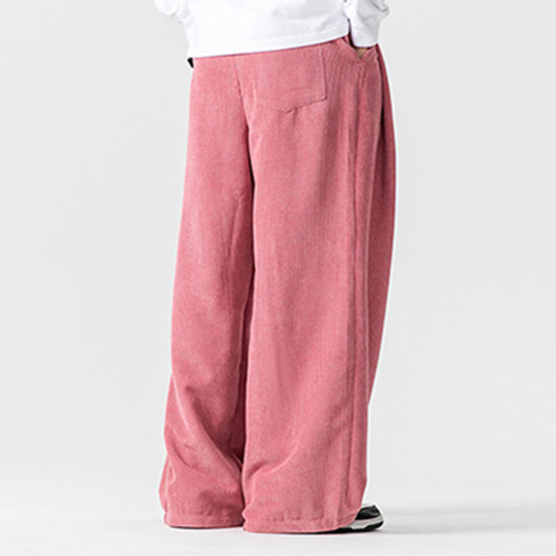 Buddha Stones無地コットンコーデュロイメンズワイドレッグパンツ（ポケット付き）