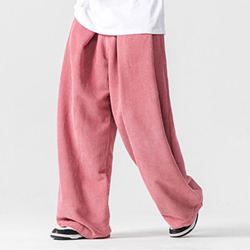 Buddha Stones無地コットンコーデュロイメンズワイドレッグパンツ（ポケット付き）