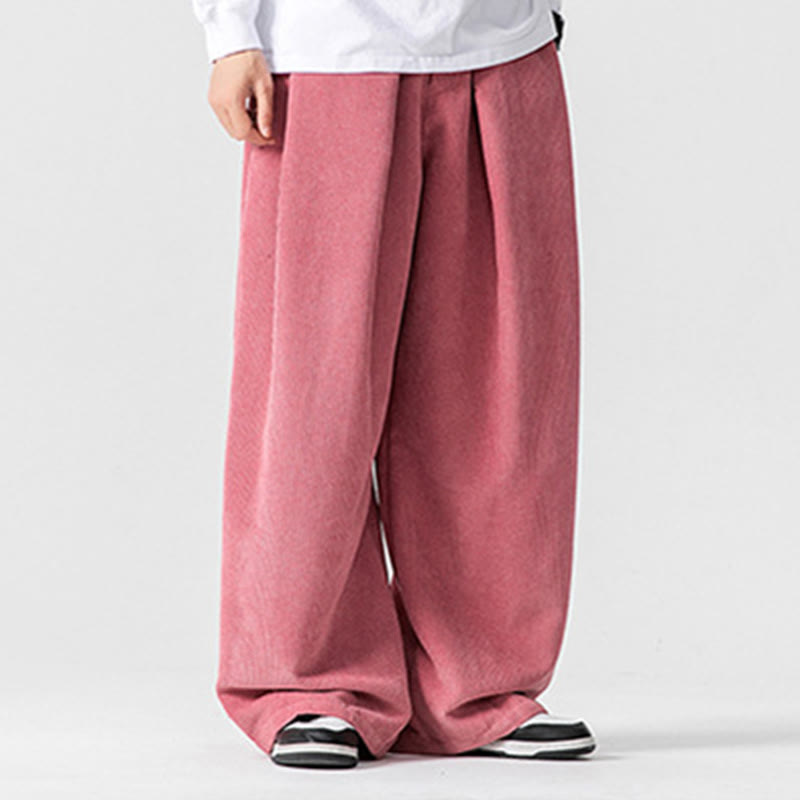 Buddha Stones無地コットンコーデュロイメンズワイドレッグパンツ（ポケット付き）