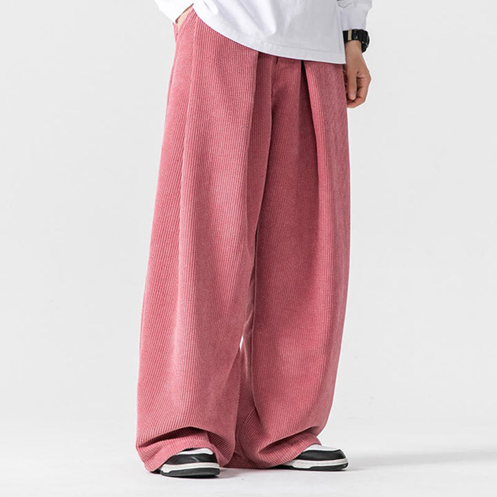 Buddha Stones無地コットンコーデュロイメンズワイドレッグパンツ（ポケット付き）