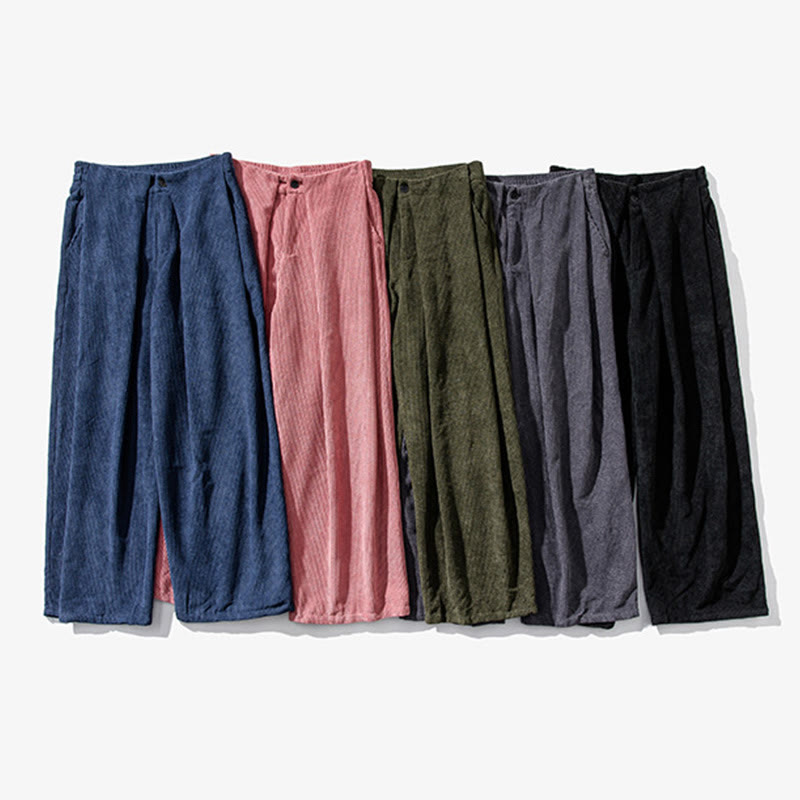 Buddha Stones無地コットンコーデュロイメンズワイドレッグパンツ（ポケット付き）