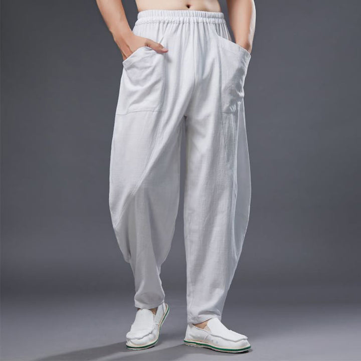 Buddha Stones無地コットンラミーリネンメンズ伸縮性ウエストハーレムパンツ（ポケット付き） - 白 - US/UK/AU38、 EU48 (XL) - image 0