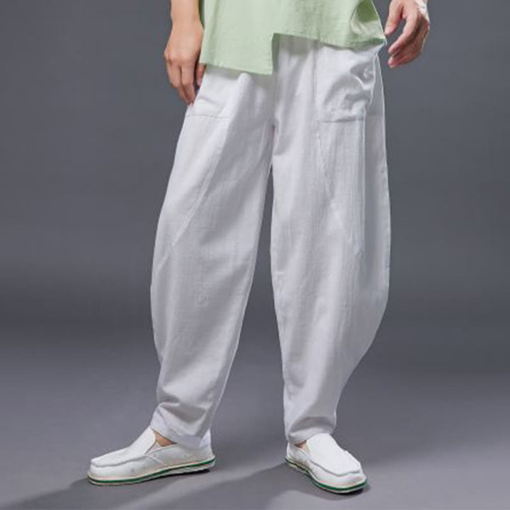 Buddha Stones無地コットンラミーリネンメンズ伸縮性ウエストハーレムパンツ（ポケット付き） - image 6