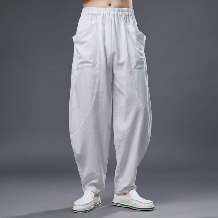 Buddha Stones無地コットンラミーリネンメンズ伸縮性ウエストハーレムパンツ（ポケット付き） - image 8