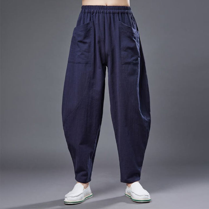 Buddha Stones無地コットンラミーリネンメンズ伸縮性ウエストハーレムパンツ（ポケット付き） - image 16