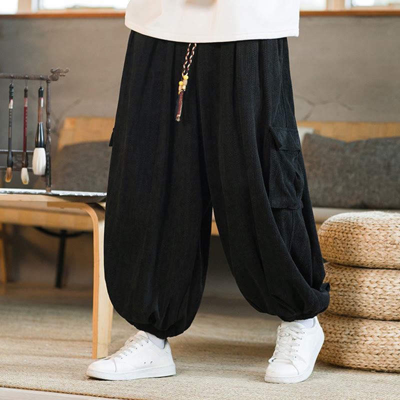 Buddha Stones秋冬 メンズ ドローストリング シェニール コーデュロイ カーゴパンツ ポケット付き - 黒 - US/UK/AU46、 EU56 (5XL) - image 0