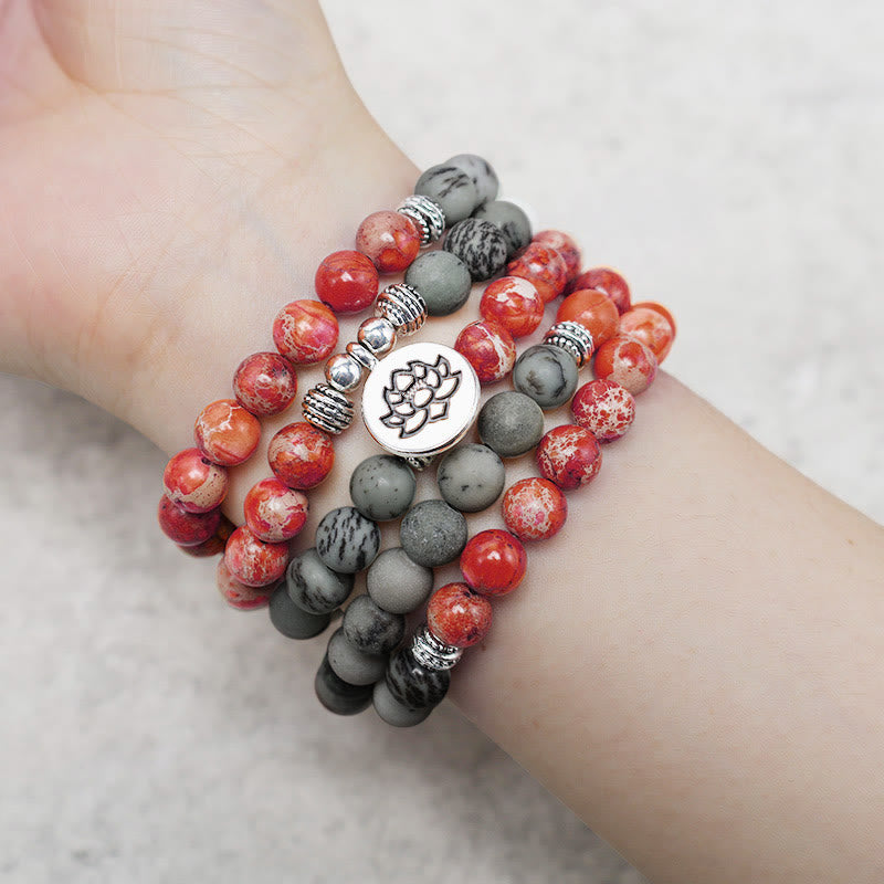 Buddha Stones 108Malaビーズ 天然石 海底堆積物 ジャスパー 蓮 守護ブレスレット