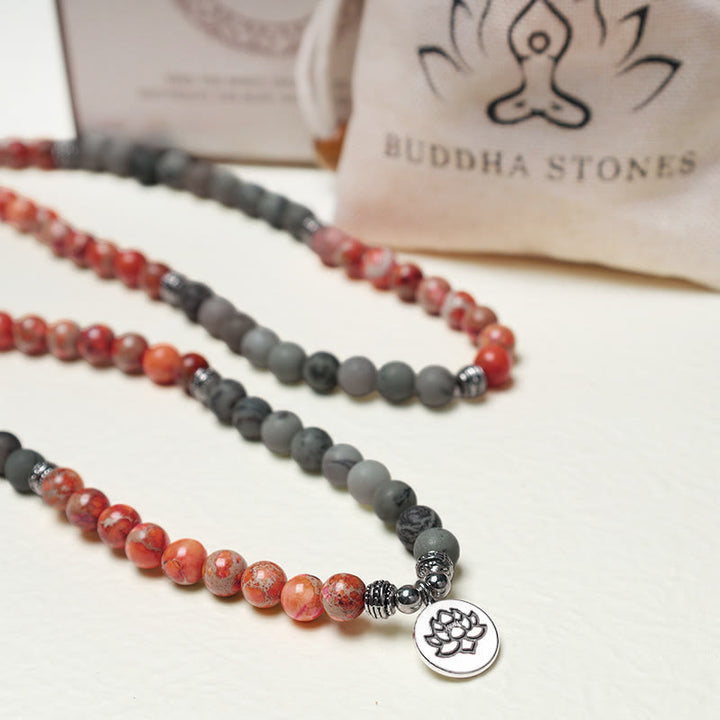 Buddha Stones 108Malaビーズ 天然石 海底堆積物 ジャスパー 蓮 守護ブレスレット