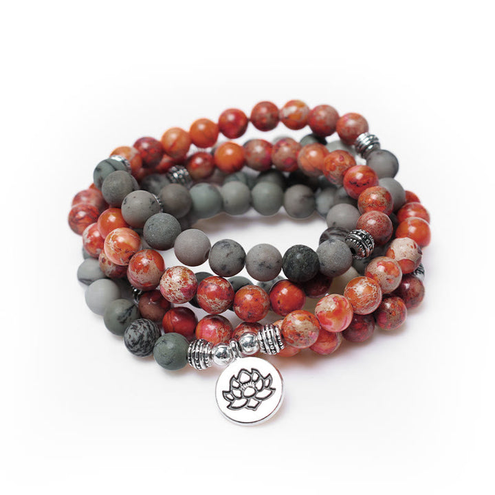 Buddha Stones 108Malaビーズ 天然石 海底堆積物 ジャスパー 蓮 守護ブレスレット