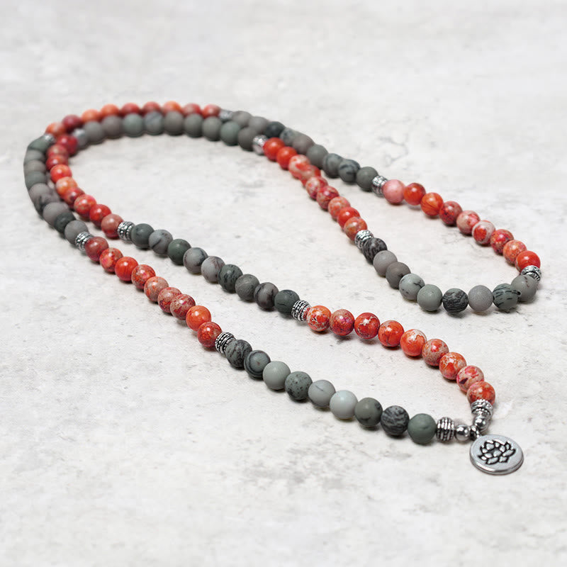 Buddha Stones 108Malaビーズ 天然石 海底堆積物 ジャスパー 蓮 守護ブレスレット