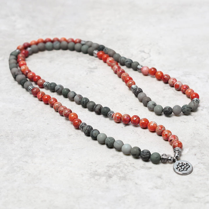Buddha Stones 108Malaビーズ 天然石 海底堆積物 ジャスパー 蓮 守護ブレスレット