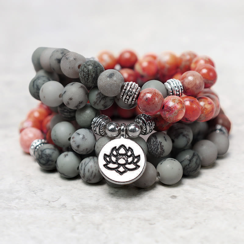 Buddha Stones 108Malaビーズ 天然石 海底堆積物 ジャスパー 蓮 守護ブレスレット