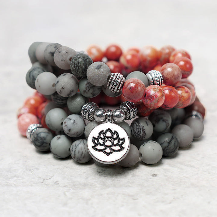 Buddha Stones 108Malaビーズ 天然石 海底堆積物 ジャスパー 蓮 守護ブレスレット
