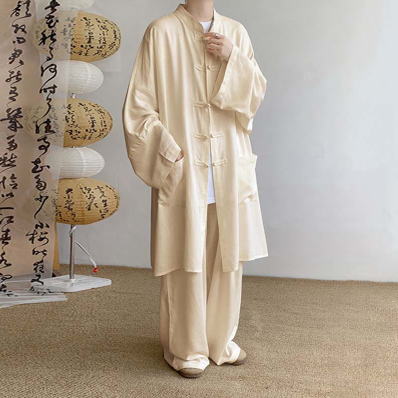 Buddha Stones 2点セット メンズ 長袖 カエルボタン シャツ パンツ 瞑想 禅 コットン ウェア セット - 小麦 - US/UK/AU46、 EU56 (5XL) - image 1
