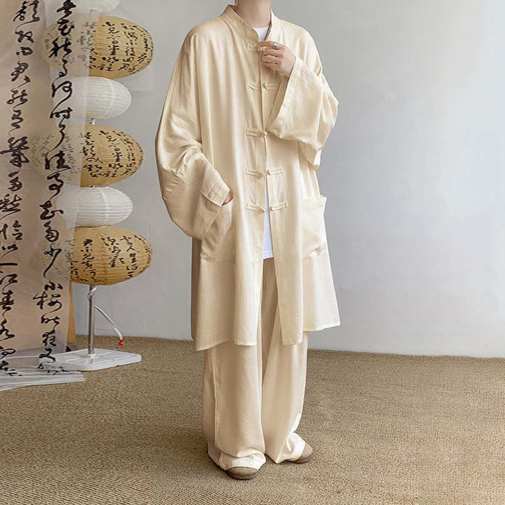 Buddha Stones 2点セット メンズ 長袖 カエルボタン シャツ パンツ 瞑想 禅 コットン ウェア セット - 小麦 - US/UK/AU46、 EU56 (5XL) - image 1