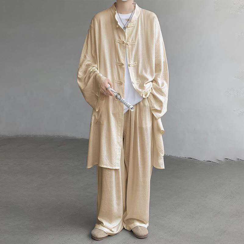 Buddha Stones 2点セット メンズ 長袖 カエルボタン シャツ パンツ 瞑想 禅 コットン ウェア セット - image 2