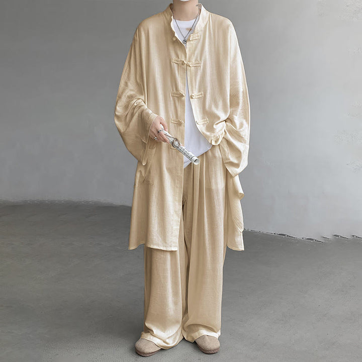 Buddha Stones 2点セット メンズ 長袖 カエルボタン シャツ パンツ 瞑想 禅 コットン ウェア セット - image 2