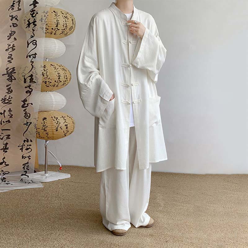 Buddha Stones 2点セット メンズ 長袖 カエルボタン シャツ パンツ 瞑想 禅 コットン ウェア セット - 白 - US/UK/AU46、 EU56 (5XL) - image 4