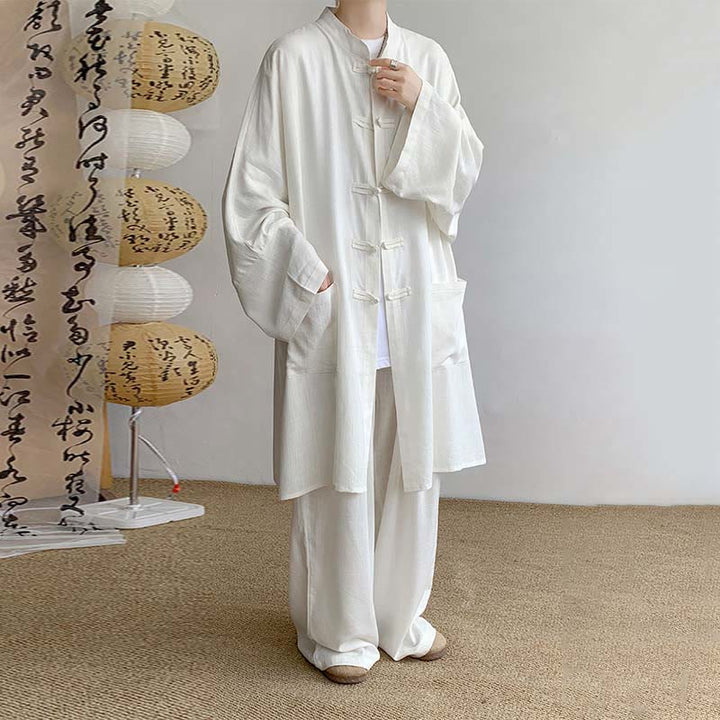 Buddha Stones 2点セット メンズ 長袖 カエルボタン シャツ パンツ 瞑想 禅 コットン ウェア セット - 白 - US/UK/AU46、 EU56 (5XL) - image 4