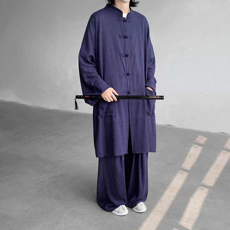 Buddha Stones 2点セット メンズ 長袖 カエルボタン シャツ パンツ 瞑想 禅 コットン ウェア セット - スティールブルー - US/UK/AU46、 EU56 (5XL) - image 11