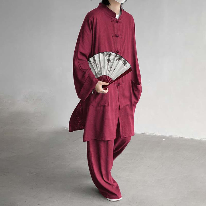Buddha Stones 2点セット メンズ 長袖 カエルボタン シャツ パンツ 瞑想 禅 コットン ウェア セット - image 19