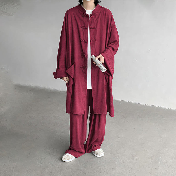 Buddha Stones 2点セット メンズ 長袖 カエルボタン シャツ パンツ 瞑想 禅 コットン ウェア セット - image 20
