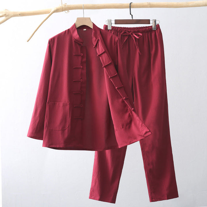 Buddha Stones 2点セット 唐装 伝統 カエルボタン メンズ 長袖 シャツ パンツ 衣装セット - クリムゾン - US/UK/AU44、 EU54 (4XL) - image 14