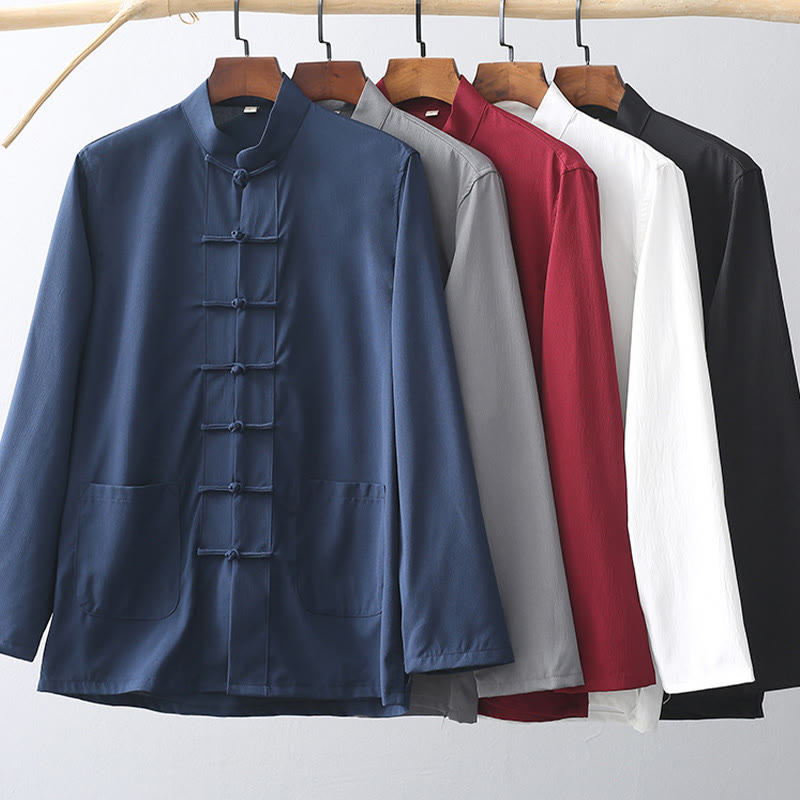 Buddha Stones 2点セット 唐装 伝統 カエルボタン メンズ 長袖 シャツ パンツ 衣装セット - image 1