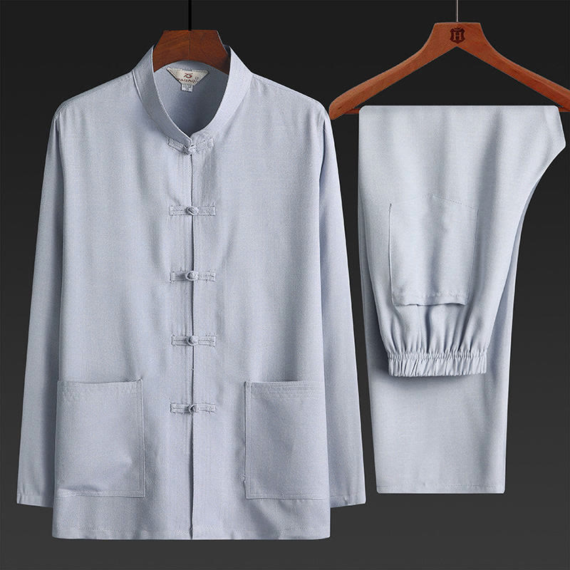 Buddha Stones 2点セット 唐装 無地 カエルボタン メンズ 長袖 シャツ パンツ セット - ライトグレー - 2個セット - US/UK/AU42、EU52（4XL） - image 3