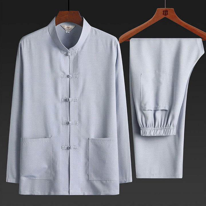 Buddha Stones 2点セット 唐装 無地 カエルボタン メンズ 長袖 シャツ パンツ セット - ライトグレー - 2個セット - US/UK/AU42、EU52（4XL） - image 3