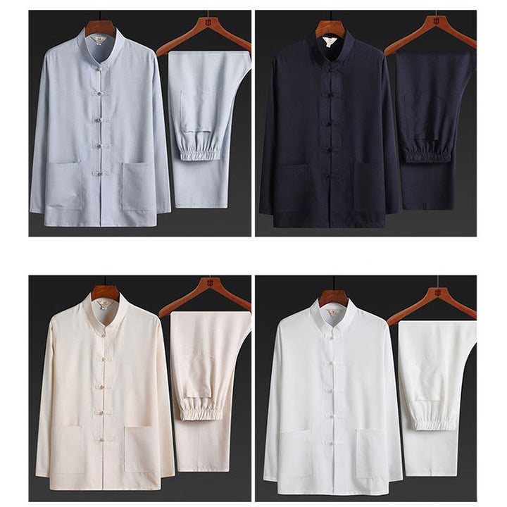 Buddha Stones 2点セット 唐装 無地 カエルボタン メンズ 長袖 シャツ パンツ セット - image 22