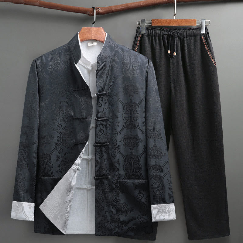 Buddha Stones 2点セット メンズ 唐装 鯉柄 カエルボタン 長袖シャツ パンツセット - グレー - US/UK/AU42、 EU52 (3XL) - image 0