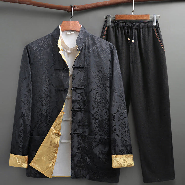 Buddha Stones 2点セット メンズ 唐装 鯉柄 カエルボタン 長袖シャツ パンツセット - 黒 - US/UK/AU42、 EU52 (3XL) - image 24