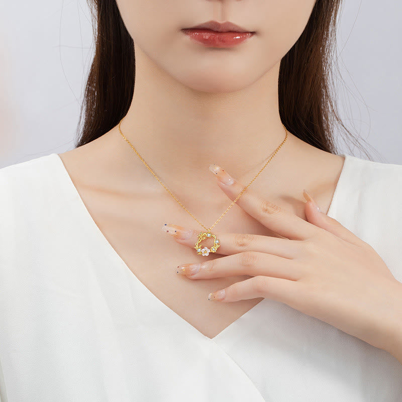 Buddha Stones925スターリングシルバー キュービックジルコニア シェルバタフライ ピーチブロッサム ブレッシングネックレスペンダント